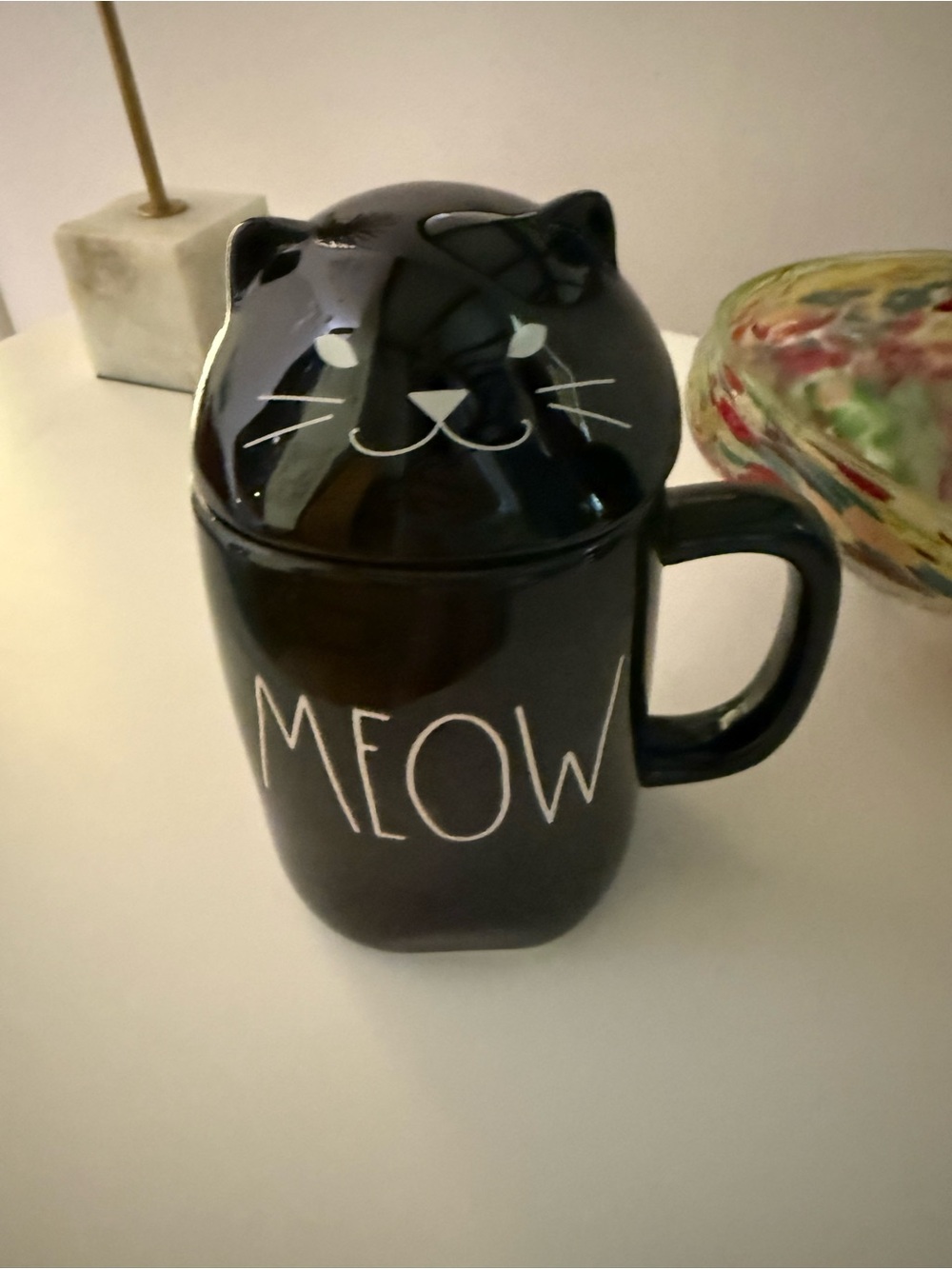 Rae Dunn Black 'Meow' Cat Ceramic Mug with Lid